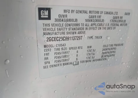 2009 Chevrolet Silverado C1500 Lt из США, поврежденный, VIN 2GCEC23C891137297